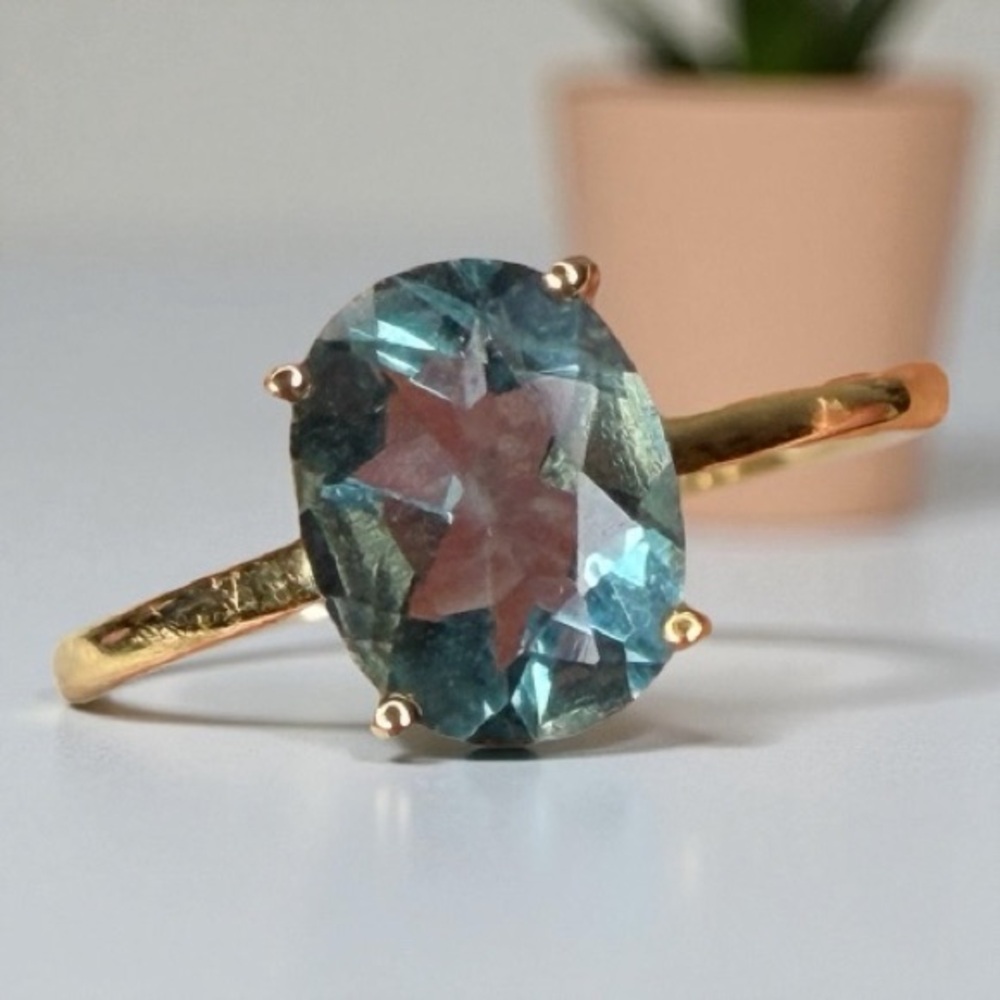 💚 Teal Fluorite Faceted Ring — 18K Gold Plated Solid 925 Size 5 Afghanistan